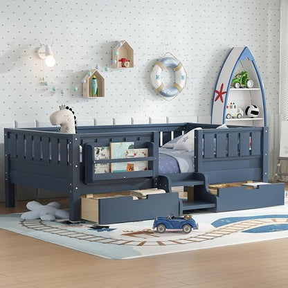 Bellemave Twin Floor Bed with Stairs, Rails and Slats, Twin Size Montessori Floor Bed with Bookshelf and 2 Storage Drawers, Easy Assemble Montessori Beds Frame for Girls, Boys, Blue