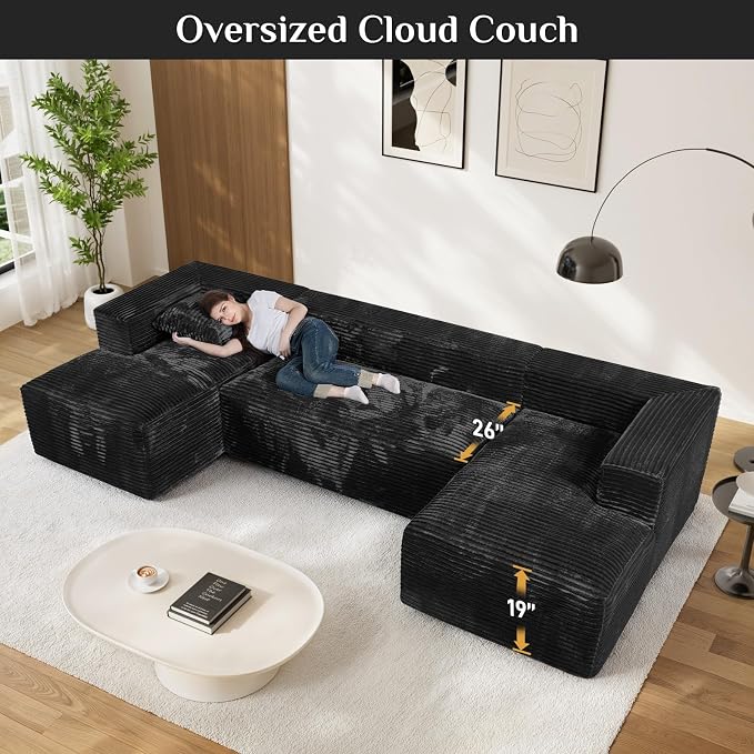 131" Oversized U Shaped Cloud Sectional Couches for Living Room, Comfy Fluffy Corduroy Black Boneless Sectionals Couch, Plush Memory Foam Modular Sectional Sofa with Chaise- 19" Seat Height