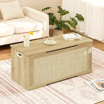 usikey 39.4” Storage Chest, Toy Box with 2 Safety Hinges, Toy Chest for Bedroom, Storage Bench with Storage, Shoe Bench, Supports 220 lb, for Living Room, Entryway, Natural