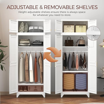 Metal Armoire Wardrobe Closet with Doors, 86" Tall Wardrobe Cabinet, White Clothing Storage Cabinets with Adjustable Shelves for Bedroom, Home Office