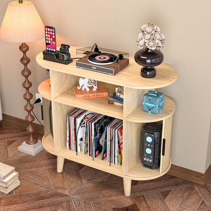 LUVIOHOME Large Round Record Player Stand with Charging Station & USB Ports，Record Storage Cabinet, Mid Century Modern Turntable Stand for Bedroom Living Room (Small Oak)