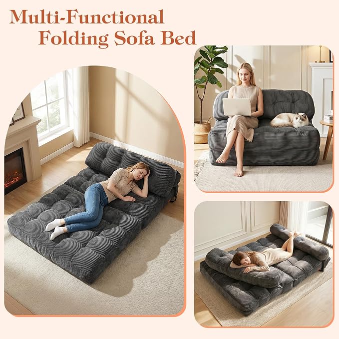 Folding Sofa Bed, Convertible Sleeper Chair with Back Support and Pillow Futon, Boneless Matress, for Living Room/Guest Use/Home Office, Foldable Chair Bed for Adults, Dark Gray, Full