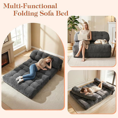Folding Sofa Bed, Convertible Sleeper Chair with Back Support and Pillow Futon, Boneless Matress, for Living Room/Guest Use/Home Office, Foldable Chair Bed for Adults, Dark Gray, Full