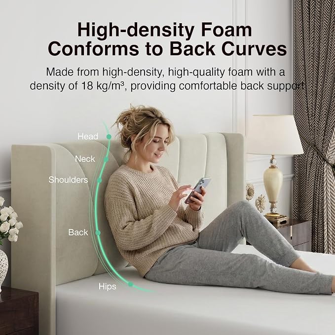 Novilla Full Size Bed Frame, Full Bed Frame with Headboard, Velvet Upholstered Wing Side Headboard, No Box Spring Needed, Heavy Duty Feet, Easy Assembly, White Velvet