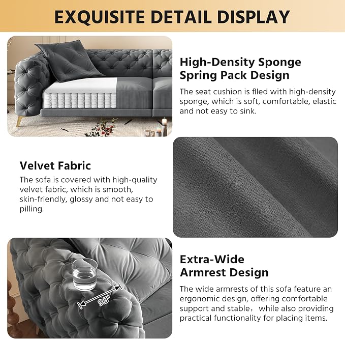 97.7'' Pull Out Sofa Bed King, Chesterfield Velvet Sleeper Sofa, Convertible L-Shaped Futon Couch, Tufted Back, Ottoman, Deep Seat Loveseat Couches for Living Room, Apartment, Dark Gray