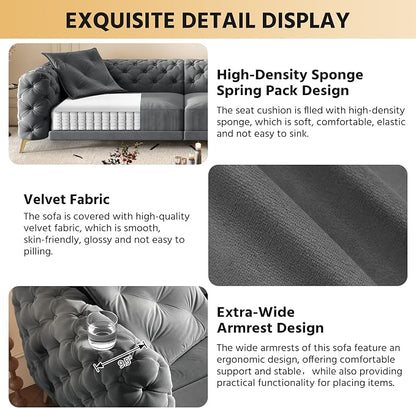 97.7'' Pull Out Sofa Bed King, Chesterfield Velvet Sleeper Sofa, Convertible L-Shaped Futon Couch, Tufted Back, Ottoman, Deep Seat Loveseat Couches for Living Room, Apartment, Dark Gray