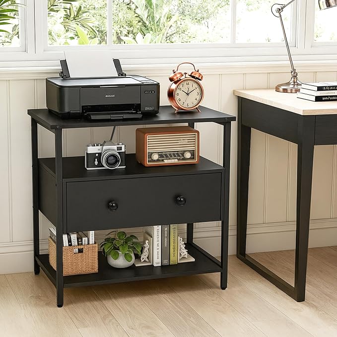 Edbuosy 27 Inch Wide Night Stand with Charging Station, Wood Nightstand with Open Shelf, Large Drawer Bedside Table for Living Room/Bedroom/Office, Black