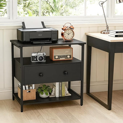Edbuosy 27 Inch Wide Night Stand with Charging Station, Wood Nightstand with Open Shelf, Large Drawer Bedside Table for Living Room/Bedroom/Office, Black