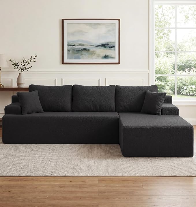 Hobestluk Modular Sectional Sofa Couches L-Shape Couch 3 Seat Modular Sofa Memory Foam Sectional Couches for Living Room, Cloud Couch with Oversized Chaise (Black Smooth, 108", Right Hand Facing)