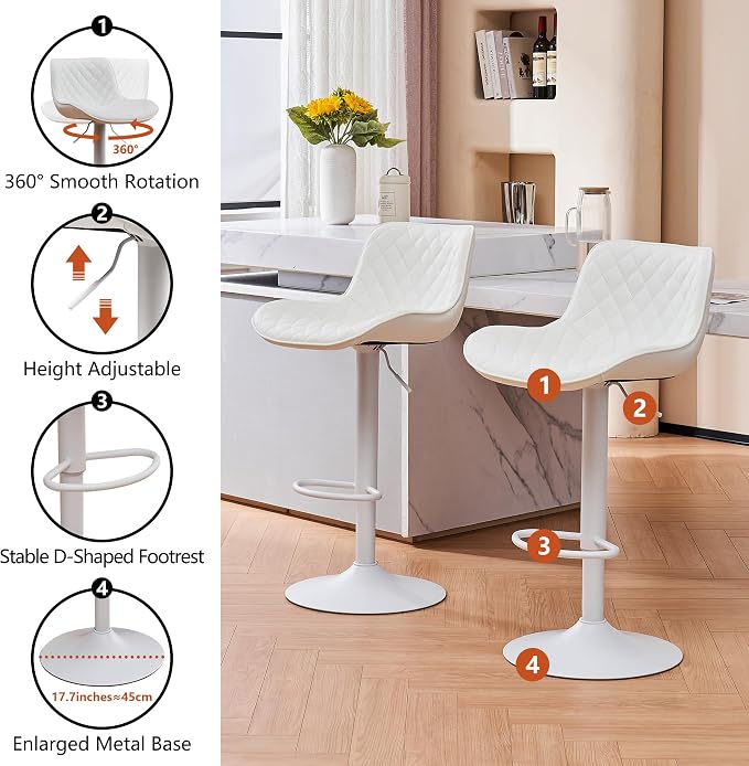 YOUTASTE All White Bar Stools Set of 2, Upholstered Counter Height Bar Stool, Adjustable Swivel Faux Leather Barstools, with Padded Back, Metal Base, Kitchen Chairs for Home Island