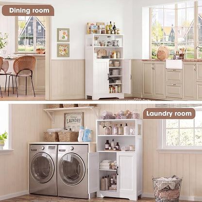 GRUSIGN 43.3" H Bathroom Storage Cabinet with Doors, Freestanding Small Bathroom Cabinet Organizer, Farmhouse Cupboard, Adjustable Shelves, for Laundry Room, Kitchen, Living Room, White