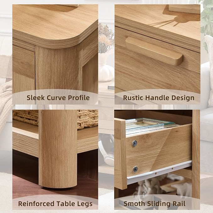 Joaxswe Farmhouse Night Stand Set of 2 with Charging Station, Wood Bed Side Tables Bedroom Set of 2 with Drawer & Open Storage Shelf, Natural Wood