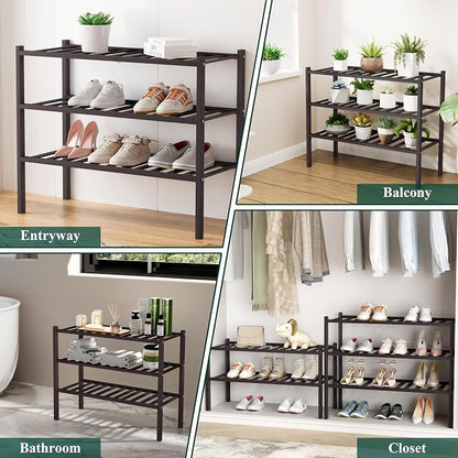 Smiry Small Bamboo Shoe Rack, 3 Tier Free Standing Wooden Shoe Organizer, Stackable Wood Shoe Storage Shelf for Closet, Entryway, 12 Vertical Slats, 2+1 Stack Standard Legs, 17.3"x11"x19.5", Brown