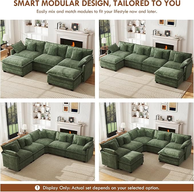 WorthFurni 114” Oversized Modular Sectional Sofa, 5-Seater V Shaped Cloud Couch Set, Comfy Chenille Deep Seat Sofa with 5 Throw Pillows, DIY Combination for Living Room (Green)