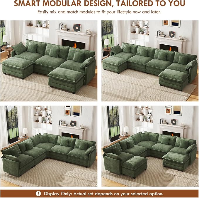 WorthFurni 114” Oversized Modular Sectional Sofa, 7-Seater V Shaped Cloud Couch Set, Comfy Chenille Deep Seat Couches with 2 Movable Ottomans, DIY Combination for Living Room (Green)