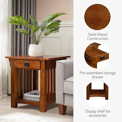 Leick Home Mission End Table, Solid Wood Construction, 1 Storage Drawer, Bottom Display Shelf, Slatted Sides, Easy-Assembly, Medium Oak, 25.0 in. W x 22.0 in. L x 23.0 In. H, 8207