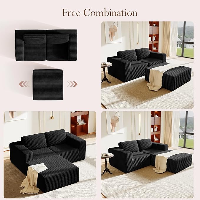 Vesgantti 80" Modular Sectional Sofa, Corduroy Cloud Couch with Deep Seats & Spring Support, Compact 2 Seater Boneless Couch, L-Shaped Modular Sofa for Small Spaces, Apartments, No Assembly, Black