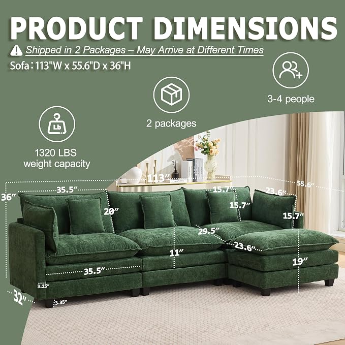 113” Modular Sectional Sofa, L Shaped Cloud Couches for Living Room, Green | Comfy Chenille, Deep Seat, Bedroom, Apartment, Throw Pillow, Removable Washable Cover, Movable Ottoman, Easy Assembly, Modern