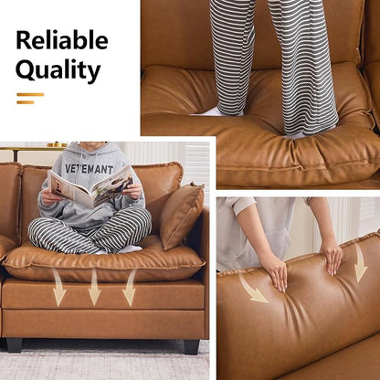 147'' Sectional Cloud Deep Seat Couch, Oversized Leather U Shaped Sectional Sofa for Living Room Set, Comfy Upholstered Modular Sectional Sofa Couch with Movable Ottoman, Leather Light Brown