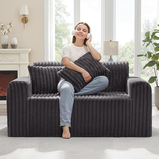 Hobestluk Couch Sofa 2-Seater Foam Sofa Loveseat for Small Spaces Comfy Sofas with Removable Cover Furry Couch with Pillows for Living Room, Bedroom, Apartment, Office (Dark Grey, Loveseat)