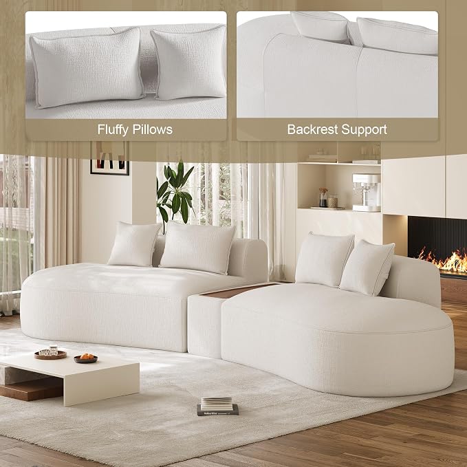 153.3" Oversized Curved Sectional Sofa, Luxury Chenille Cloud Couch for Living Room, Large Modern Modular Deep Seat Sofa with Movable Coffee Table & USB, No Assembly Needed, Beige White