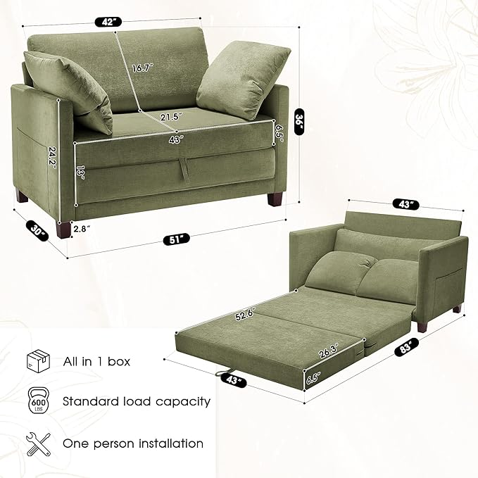 51" Convertible Loveseat Sofa Bed, 2 in1 Folding Sofa Bed, Loveseat Sleeper Sofa for Small Spaces, Fold Out Floor Couch with 2 Pillows for Apartment, Living Room & Guest Room, Green Chenille Fabric