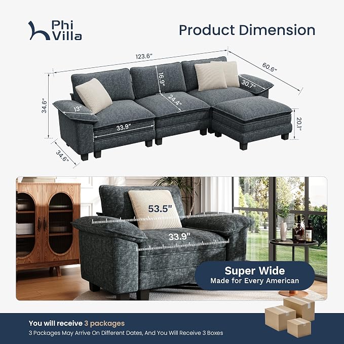 PHI VILLA Cloud Modular Couch Sets, 123.6" Sectional Sofa with L-Shaped Chaise, 4-Seater Upholstered Couches with Movable Ottoman for Living Room, Chenille Fabric, Dark Cyan