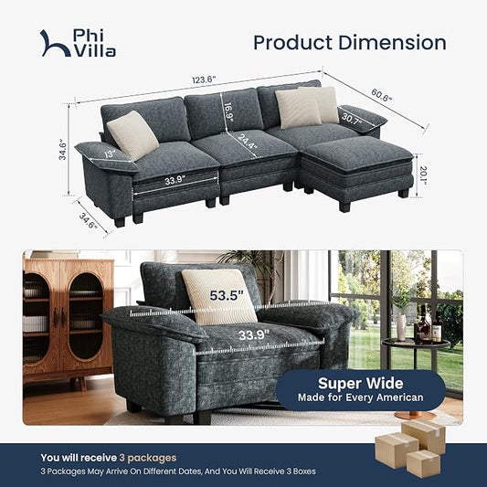 PHI VILLA Cloud Modular Couch Sets, 123.6" Sectional Sofa with L-Shaped Chaise, 4-Seater Upholstered Couches with Movable Ottoman for Living Room, Chenille Fabric, Dark Cyan