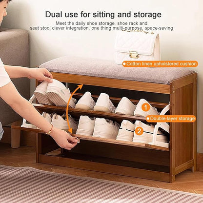 Entryway Storage Bench with Cushioned Seat Shoe Rack, 2-Tier Wooden Shoe Organizer Cabinet for Closet, Entryway, Hallway, Bedroom (Brown-70 x 24 x 44 cm