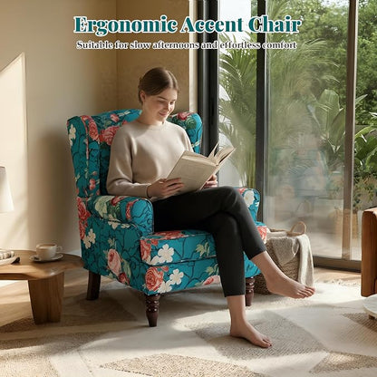 EROMMY Floral Accent Chair, Comfortable High Back Upholstered Armchair with Solid Wood Legs, Leisure Single Sofa Chair for Living Room, Bedroom, Home Office, Teal Floral