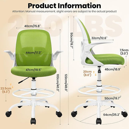 Primy Drafting Chair Tall Office Chair with Flip-up Armrests Executive Ergonomic Computer Standing Desk Chair with Lumbar Support and Adjustable Footrest Ring (Green)