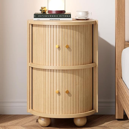 Round Nightstand with Sliding Doors and 2 Storage Shelves, Modern Bedside End Table, Suitable for the Bedroom (Oak)