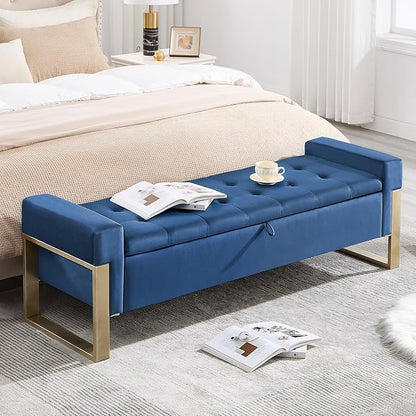 67'' End of Bed Storage Bench King Size, Storage Ottoman Bench for Bedroom, Modern Velvet Bed Benches for Foot of Beds with Gold Legs for Window Living Room Entryway, Dark Blue