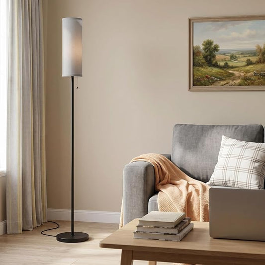 Ambimall Floor Lamp for Living Room with 3 Color Temperatures Bulb, 64" Standing lamp with Linen lampshade for Bedroom, Minimalist Pole Lamp, Grey Shade & Black Pole