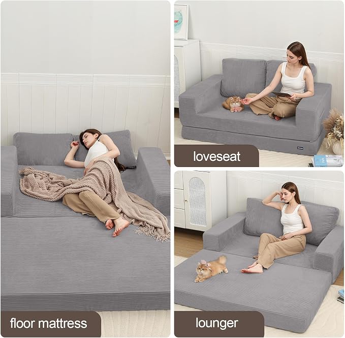 COMAX Futon Sofa Bed, Convertible Sofa Bed, Folding Boneless Couches | Boneless Couch for living room, 4‑in‑1 Fold Out Small Foldable Loveseat Floor Sleeper Mattress Lounge Space‑Saving, Grey