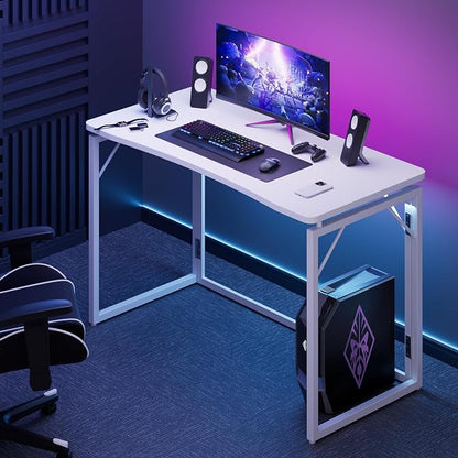 JOYMOOP White Folding Desk - 40", No Assembly Middle Size Foldable Desk for Home, Office, Wooden Top Folding Computer Desk for Working, Writing, Studying