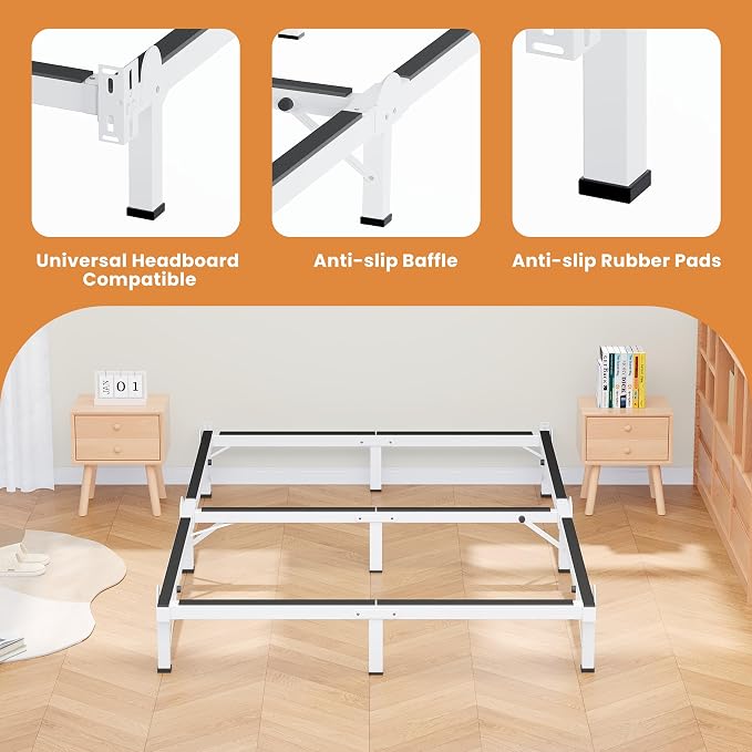 MAF Metal Bed Frame Cal King, 9-Legs Support Bed Base, 8 Inches California King Bed Frame for Box Spring and Mattress, Basics Bed Frame Headboard Attachable Tool-Free Easy Assembly, White