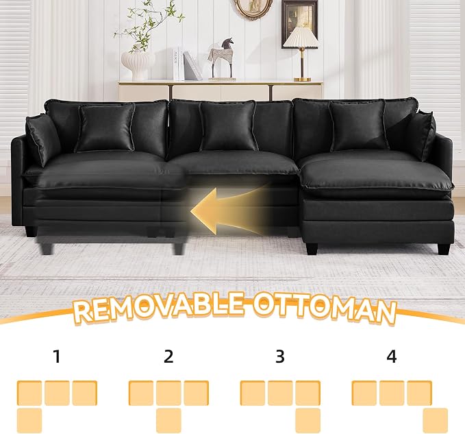 111'' Sectional Cloud Deep Seat Couch, Modern Comfy Leather L Shaped Sectional Sofa for Living Room Set, Upholstered Modular 4-Seats Sofa Couch with 1 Movable Ottoman, Leather Black