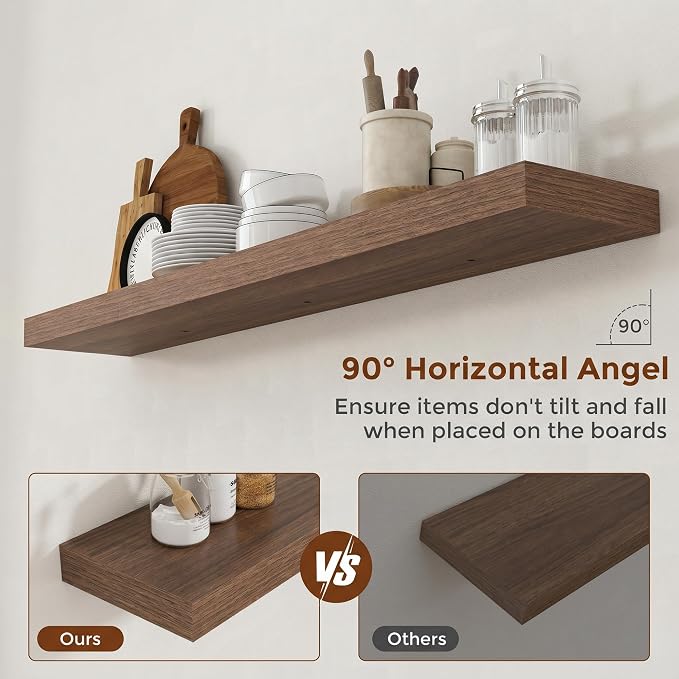 Heimlove 51 Inch Floating Shelves for Wall 8 Inch Deep Walnut Shelves Set of 2,Wall Mounted Rustic Wood Long Floating Shelf，Large Display & Storage Shelf with Invisible Brackets
