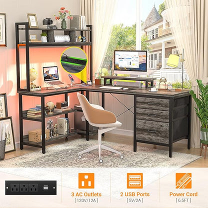 Aheaplus L Shaped Desk with Hutch, Gaming Desk with Led Lights, Reversible Computer Desk with Power Outlet, Corner Desk with File Drawer & Monitor Stand, Storage Shelves for Home Office, Black Oak