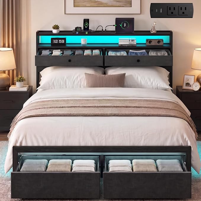 Full Bed Frame with LED Lights and Charging Station, Platform Bed with Metal Slats, Wood Headboard with 2 Fabric Drawers and Storage Shelves, No Box Spring Needed