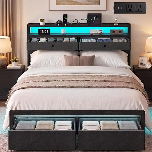 Queen Bed Frame with LED Lights and Charging Station, Platform Bed with Metal Slats, Wood Headboard with 2 Fabric Drawers and Storage Shelves, No Box Spring Needed