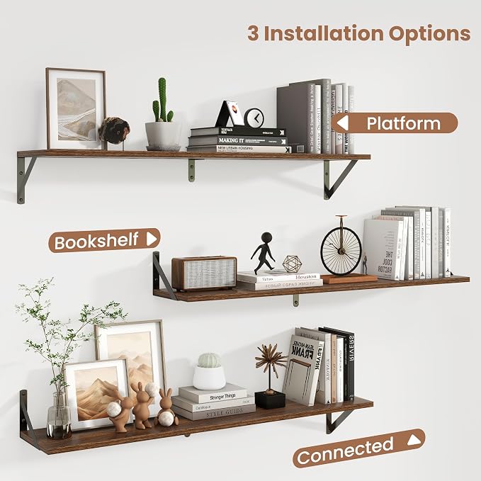 Axeman 40'' x 8'' Floating Shelves Set of 2, Rustic Walnut Wall Shelves with Brackets, Engineered Wood, Includes Mounting Hardware, 45Lbs, Ideal for Books, Plants, Kitchen Utensils and Decorations