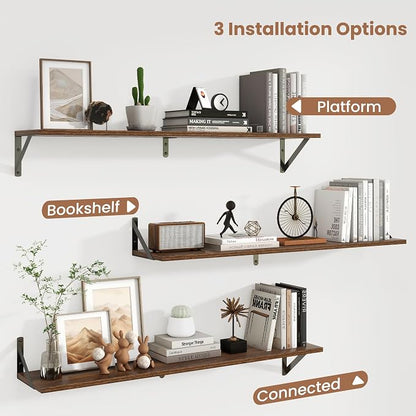 Axeman 40'' x 8'' Floating Shelves Set of 2, Rustic Walnut Wall Shelves with Brackets, Engineered Wood, Includes Mounting Hardware, 45Lbs, Ideal for Books, Plants, Kitchen Utensils and Decorations