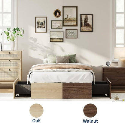 Garvee Twin Bed Frame with 2 Storage Drawers, Wood Platform Floor Bed Frame Without Headboard, Wood Slat Support, No Box Spring Needed, Easy Assembly