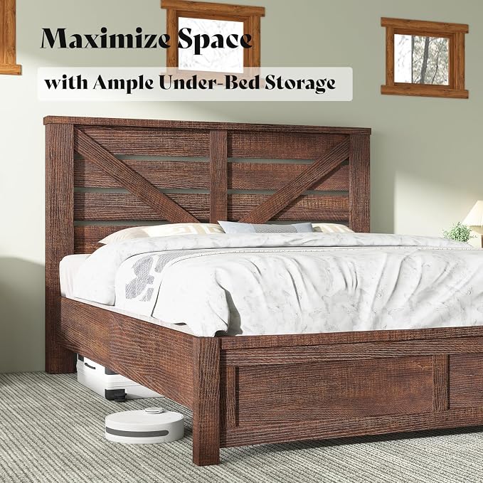 AMERLIFE Full Size Bed Frame with 49.2" Barn Door Headboard and Footboard, Rustic Farmhouse Platform Bed Frame with Wood Slats, No Box Spring Needed, Under Bed Storage, Reclaimed Barnwood