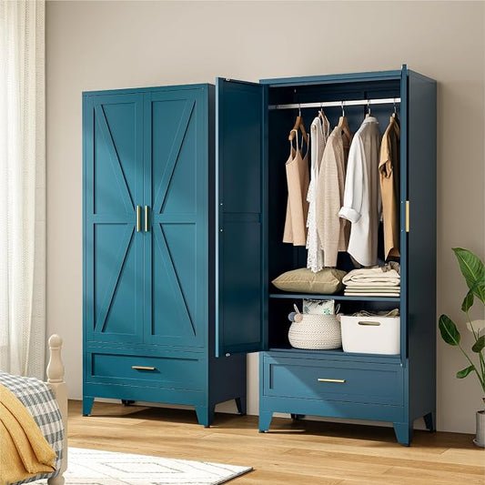 71" Tall Metal Armoire Wardrobe Closet,17.7" Deep By 31.5" Wide Portable Closet for Hanging Clothes,Wardrobe Cabinet with Drawer and Shelve for Bedroom Office Laundry Room,Blue 1 Pack
