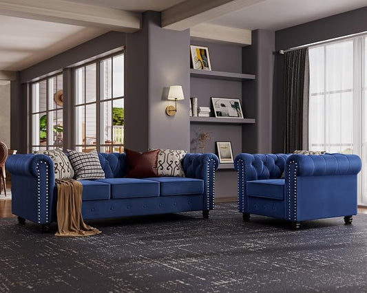 Morden Fort 2 Piece Classic Chesterfield 4-Seater Set, Tufted Chair & Sofa Furniture Solid Wood Legs Thick Cushion, Pet-Friendly Couch Set for Living Room Bedroom Apartment, Velvet Blue