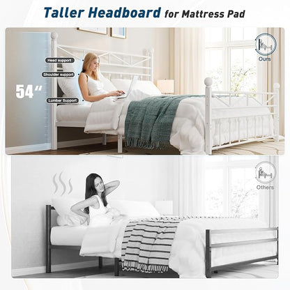 EnHomee 14.2" Metal Full Size Bed Frame with Tall Headboard & Footboard, LED Light Full Bed Frame, Strong Slats Support and Noise-Free Design with Under Bed Storage/No Box Spring Needed/White