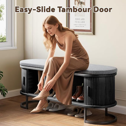 Decofy Shoe Storage Bench with Cushion and Sliding Doors, 47.2 Inch Shoe Bench with Storage, Freestanding Entryway Bench with Storage, Sturdy Metal Feet, for Hallway & Entrance Hall, Black Walnut